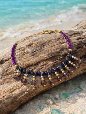 Turkish Artisan Handmade 18K Gold Plated Amethyst Crystal Beaded Boho Anklet